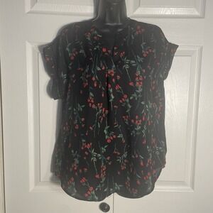 Jon & Anna Shirt Women L Black Roses Floral‎ Sheer Flowy Whimsigoth Short Sleeve